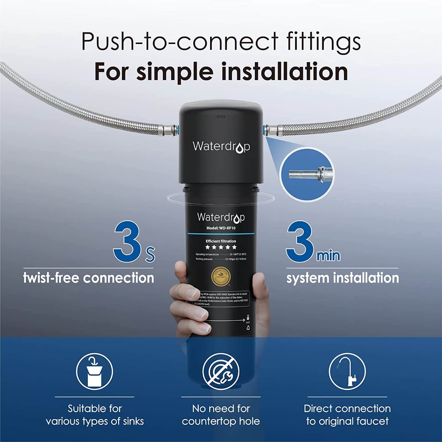Waterdrop 10UA Under Sink Water Filter - Best budget water filter UK 2025, removes 93% PFAS, 97% chlorine, NSF certified